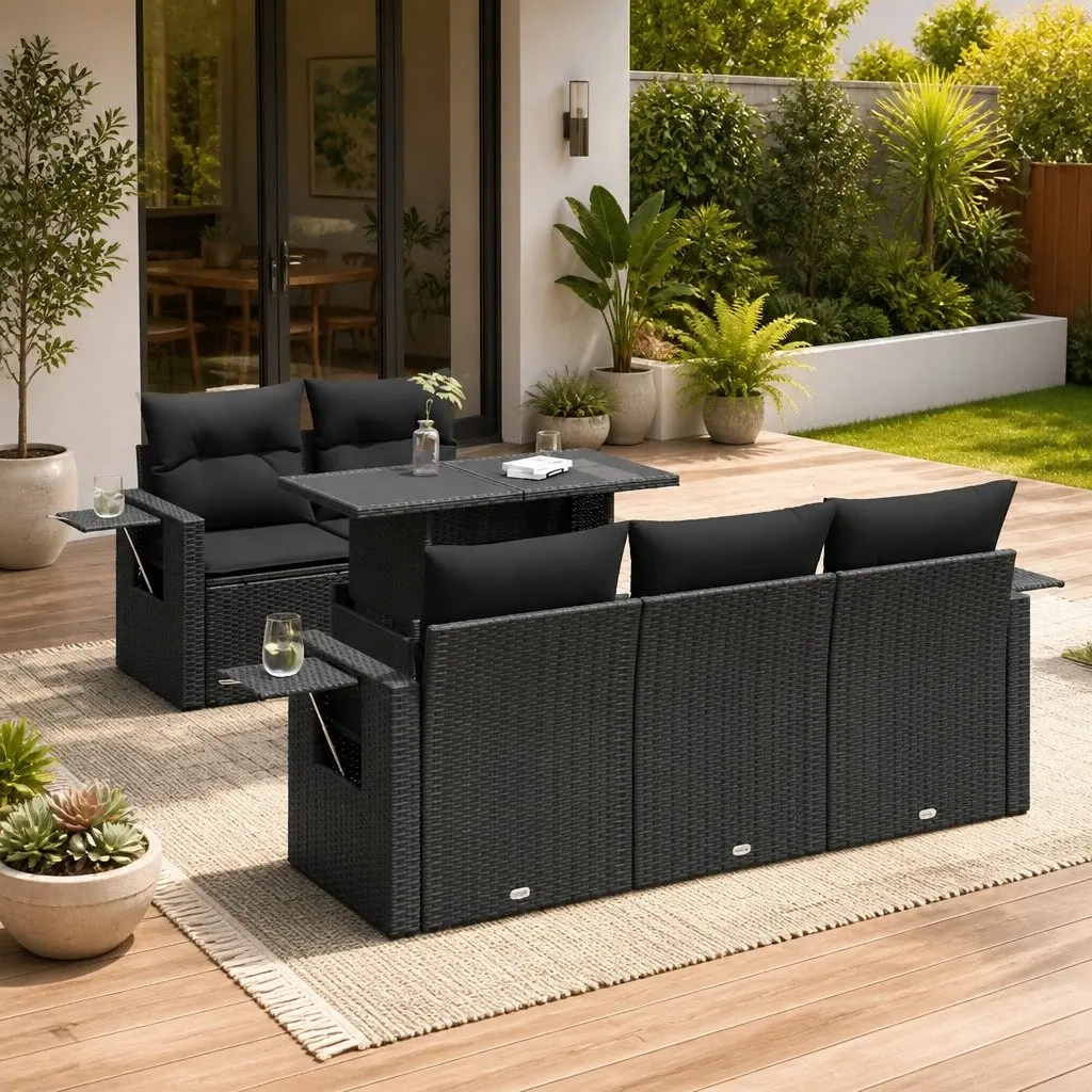Garden Sofa Set Poly Rattan 6 Piece Outdoor Furniture Black