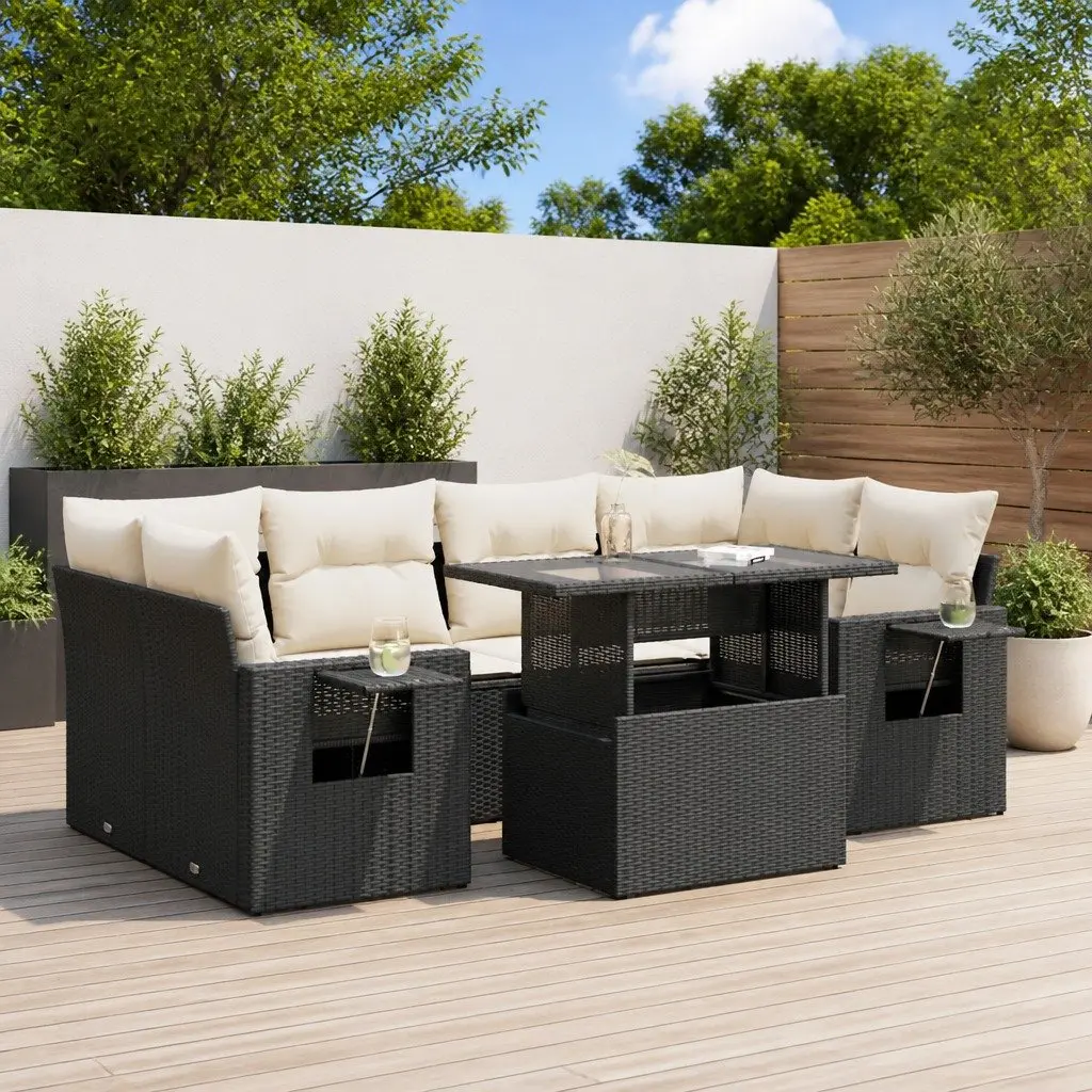 7 Piece Garden Sofa Set PE Rattan Black with Cushions