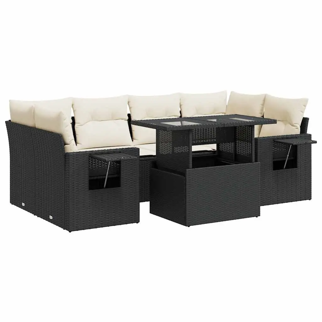 7 Piece Garden Sofa Set PE Rattan Black with Cushions