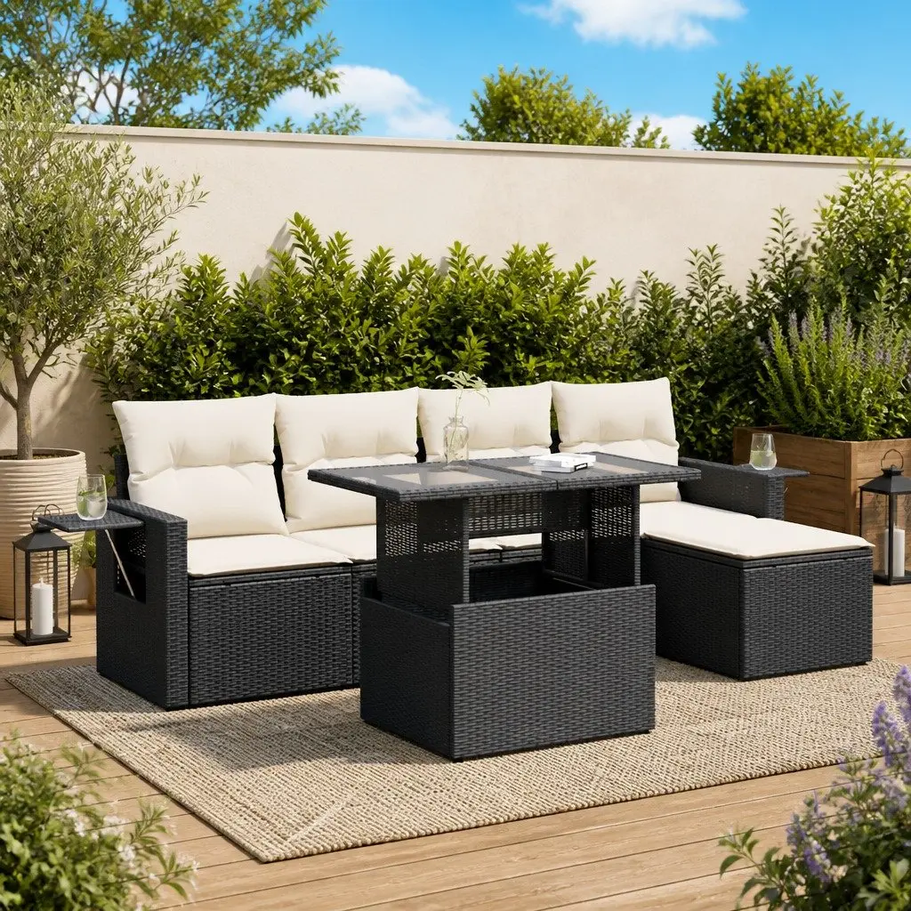 Garden Sofa Set PE Rattan 6 Piece Outdoor Furniture Black with Cushions