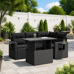 5 Piece Black Poly Rattan Outdoor Sofa Set with Cushions