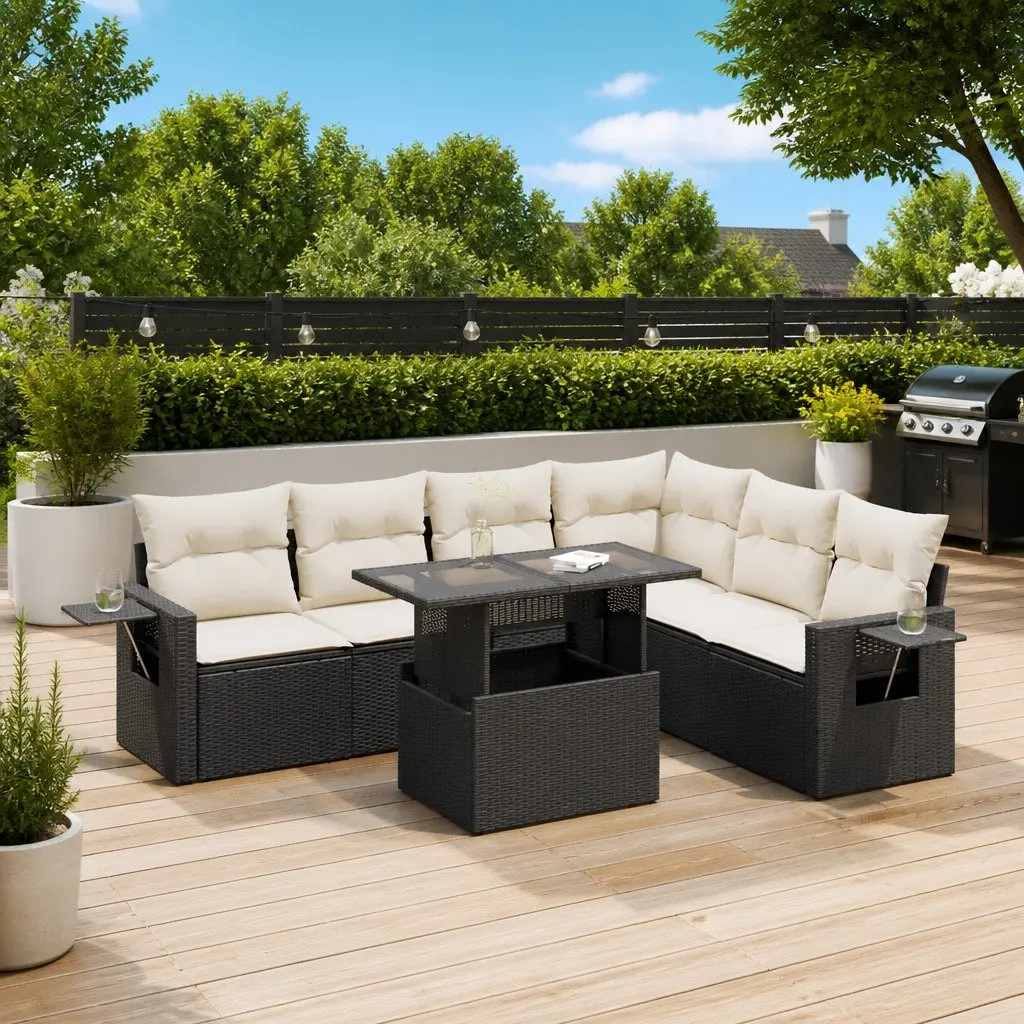 7 Piece Garden Sofa Set PE Rattan Powder Coated Steel Black Outdoor Lounge Furniture with Cushions