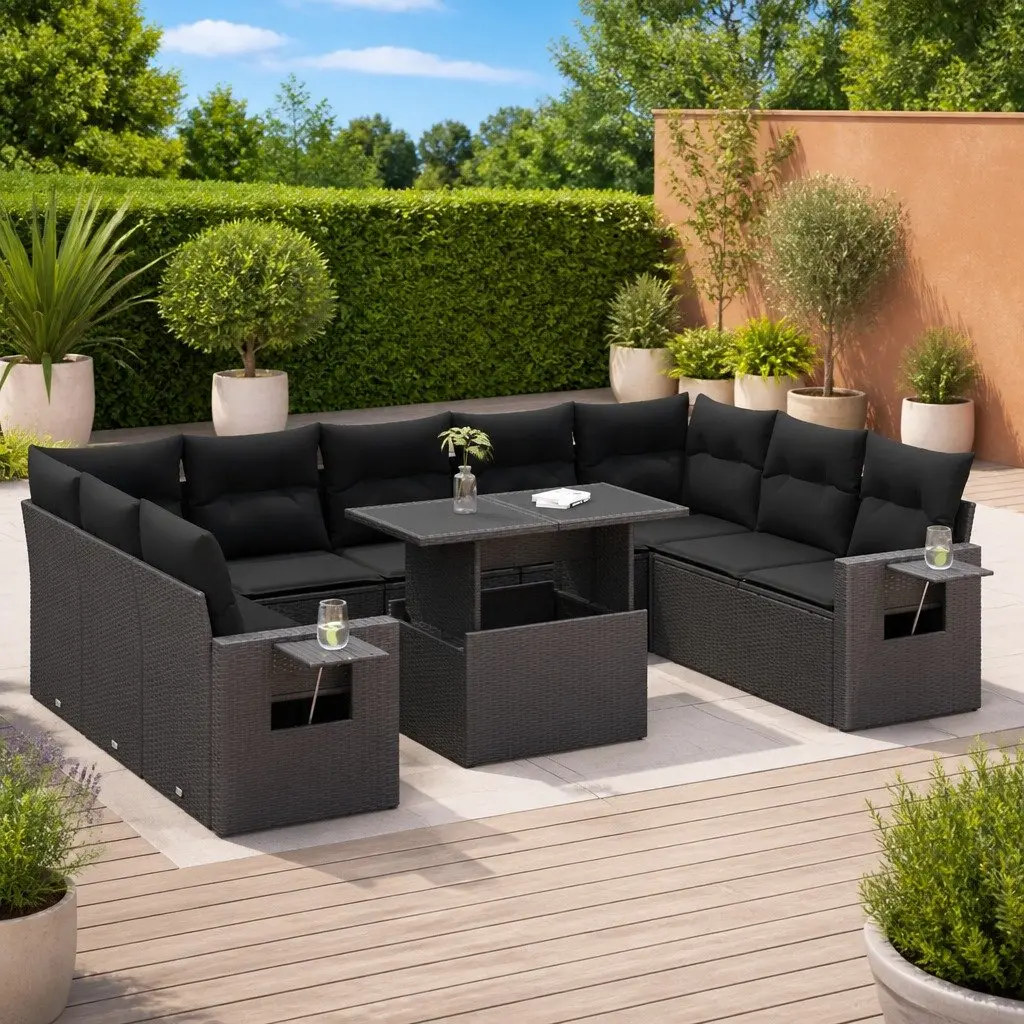 Garden Sofa Set PE Rattan 10 Piece Outdoor Furniture Patio Lounge Black