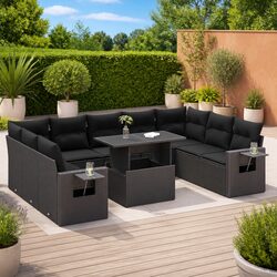 Premium 10-Piece Black Poly Rattan Garden Sofa Set