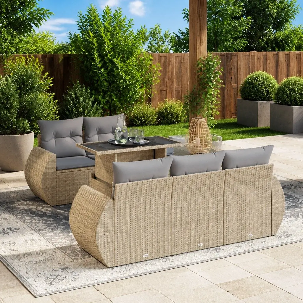 Garden Sofa Set PE Rattan 6 Piece Outdoor Furniture Beige