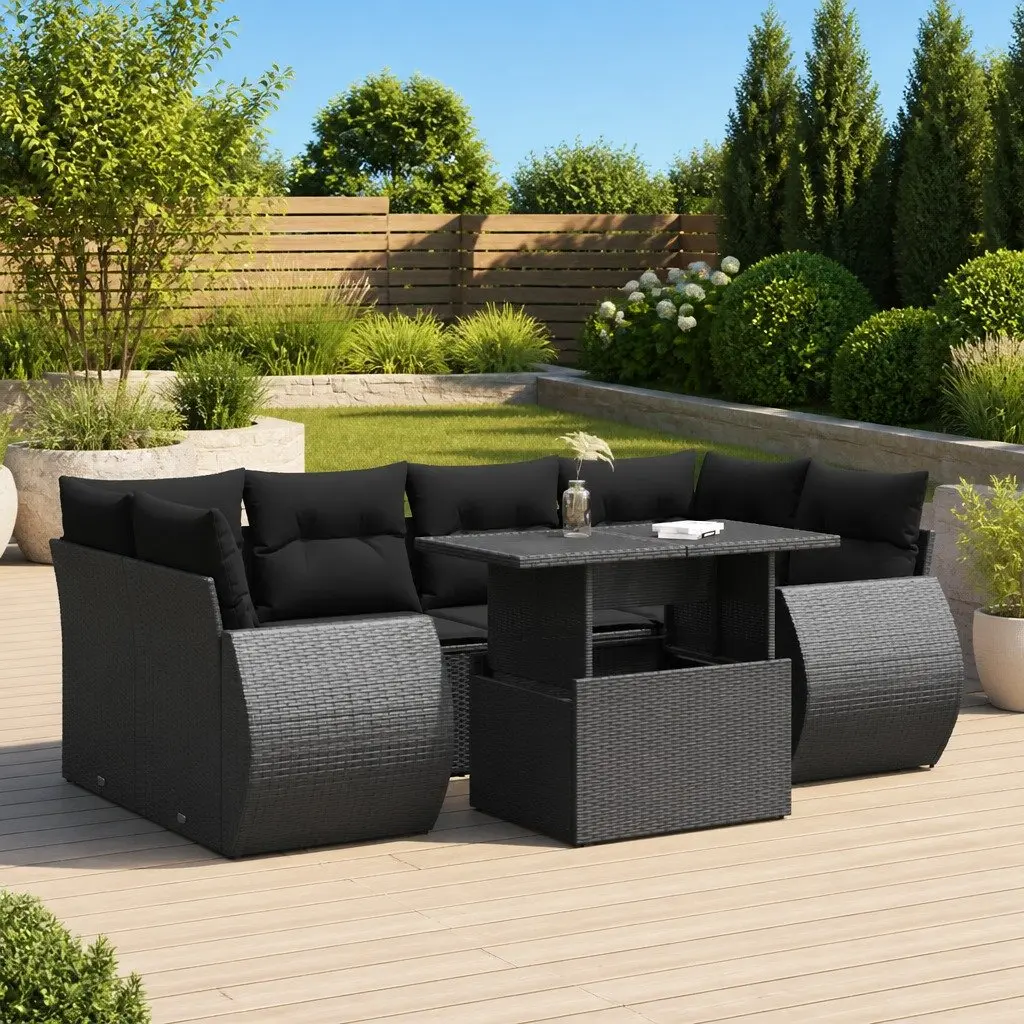 7 Piece Black Garden Sofa Set with Storage