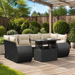 Durable 7-Piece Garden Sofa Set in Black Poly Rattan