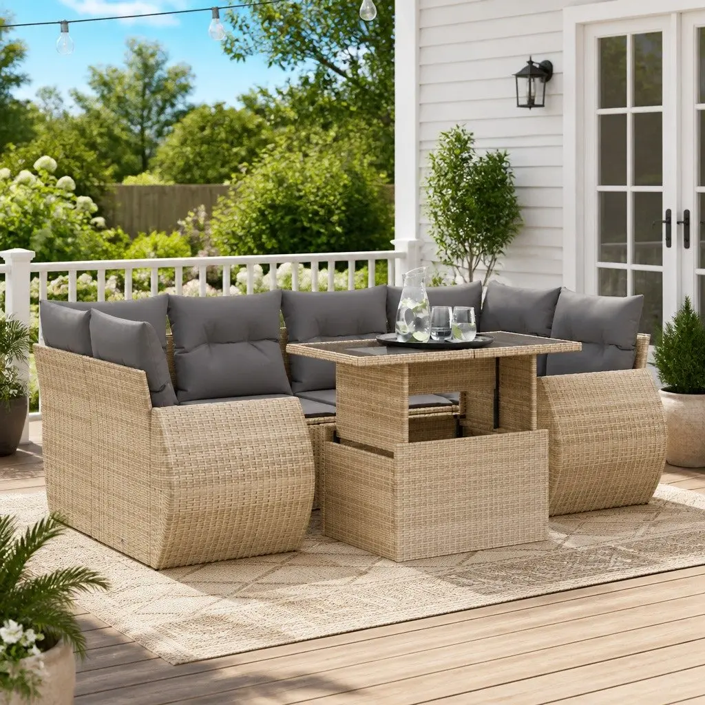Beige Poly Rattan 7 Piece Outdoor Sofa Set with Storage