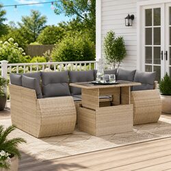 Beige Poly Rattan 7 Piece Outdoor Sofa Set with Storage