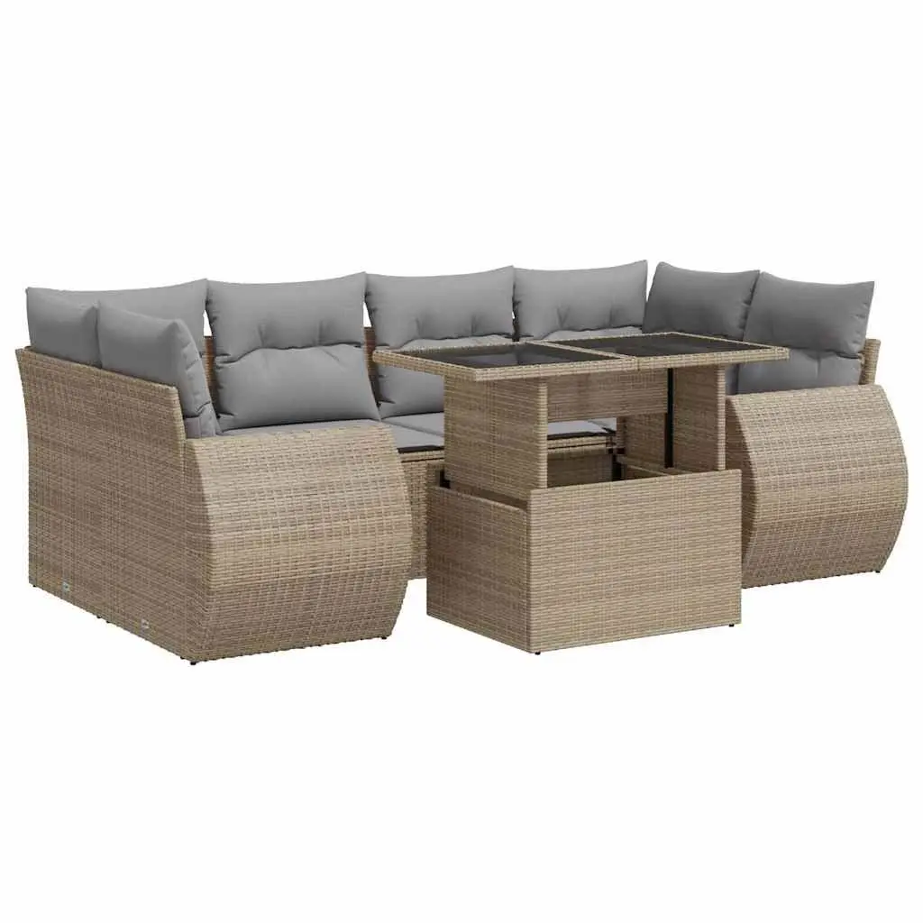 Beige Poly Rattan 7 Piece Outdoor Sofa Set with Storage