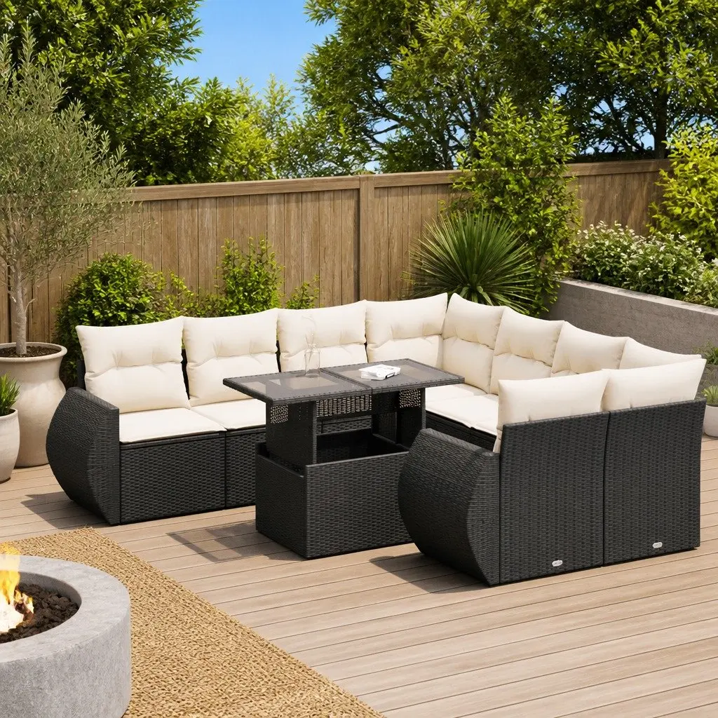 Garden Sofa Set PE Rattan Powder-coated Steel 9 Piece Black