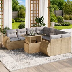 Beige Poly Rattan 9 Piece Garden Sofa Set with Cushions