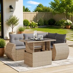 Beige 5 Piece Outdoor Garden Sofa Set with Storage