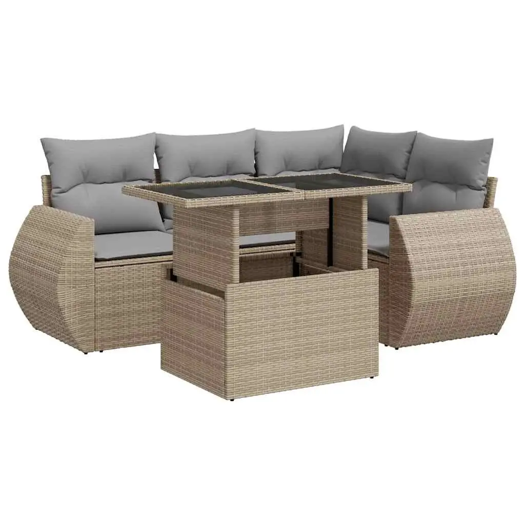 Garden Sofa Set Poly Rattan 5 Piece Outdoor Furniture Patio Beige