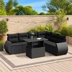 7-Piece Black Poly Rattan Garden Sofa Set