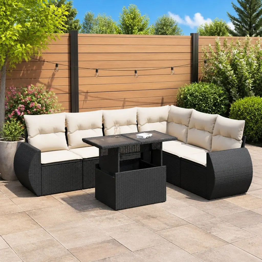 7-Piece Black Poly Rattan Garden Sofa Set