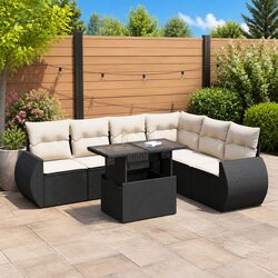 7-Piece Black Poly Rattan Garden Sofa Set