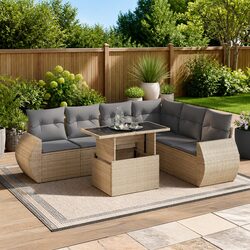 Stylish 7-Piece Beige Rattan Outdoor Sofa Set