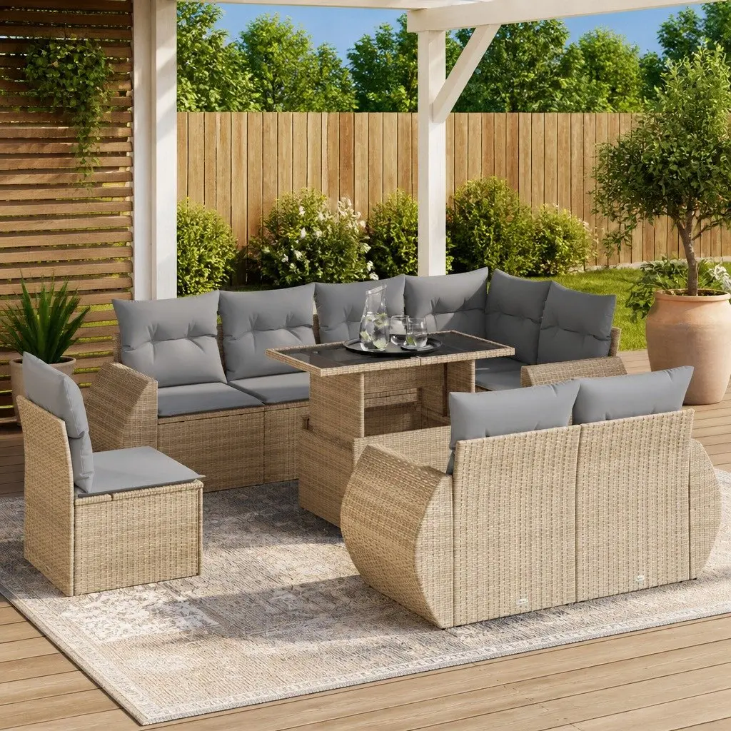 9 Piece Outdoor Garden Sofa Set PE Rattan Beige with Cushions Storage