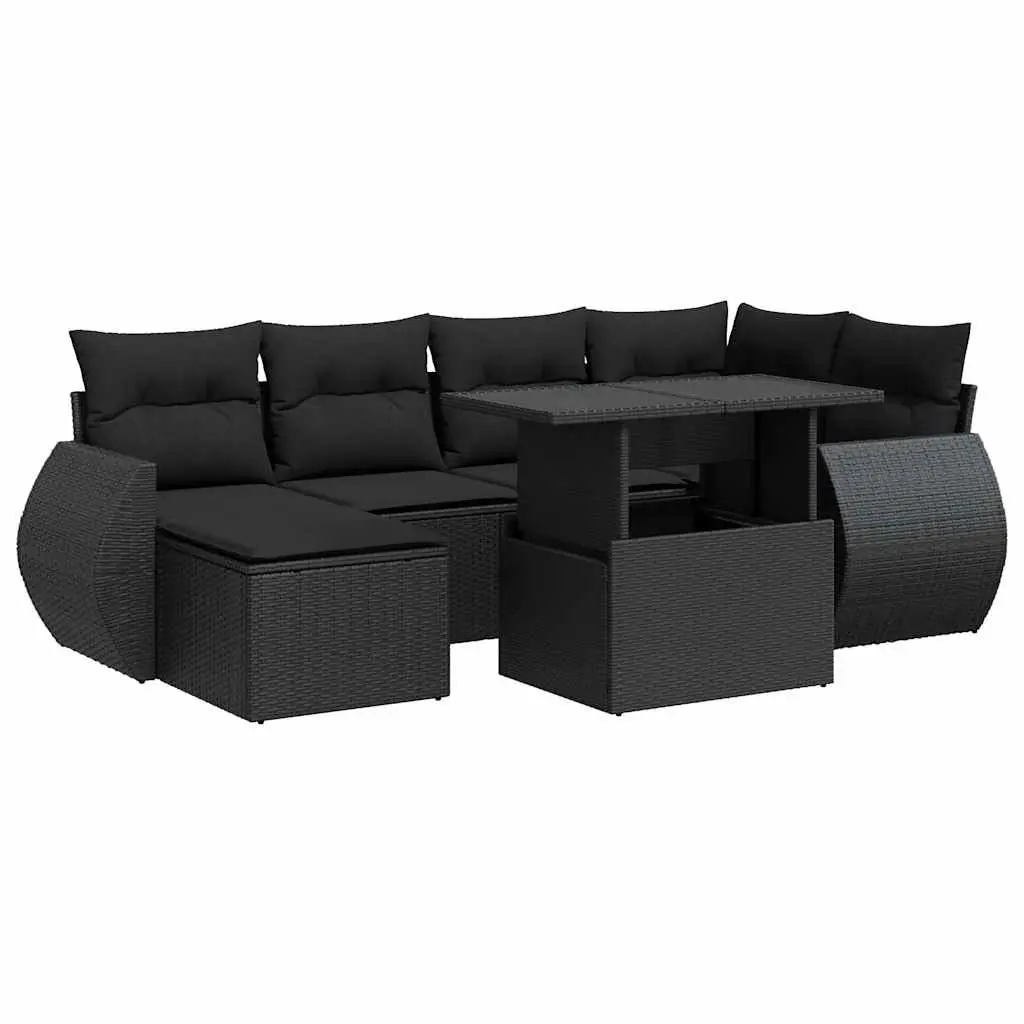 7-Piece Black Poly Rattan Garden Sofa Set