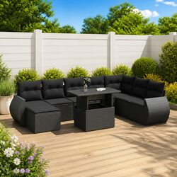 9-Piece Modular Black Rattan Garden Sofa Set