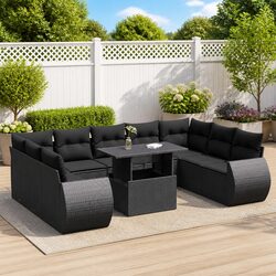 10-Piece Black Poly Rattan Outdoor Sofa Set