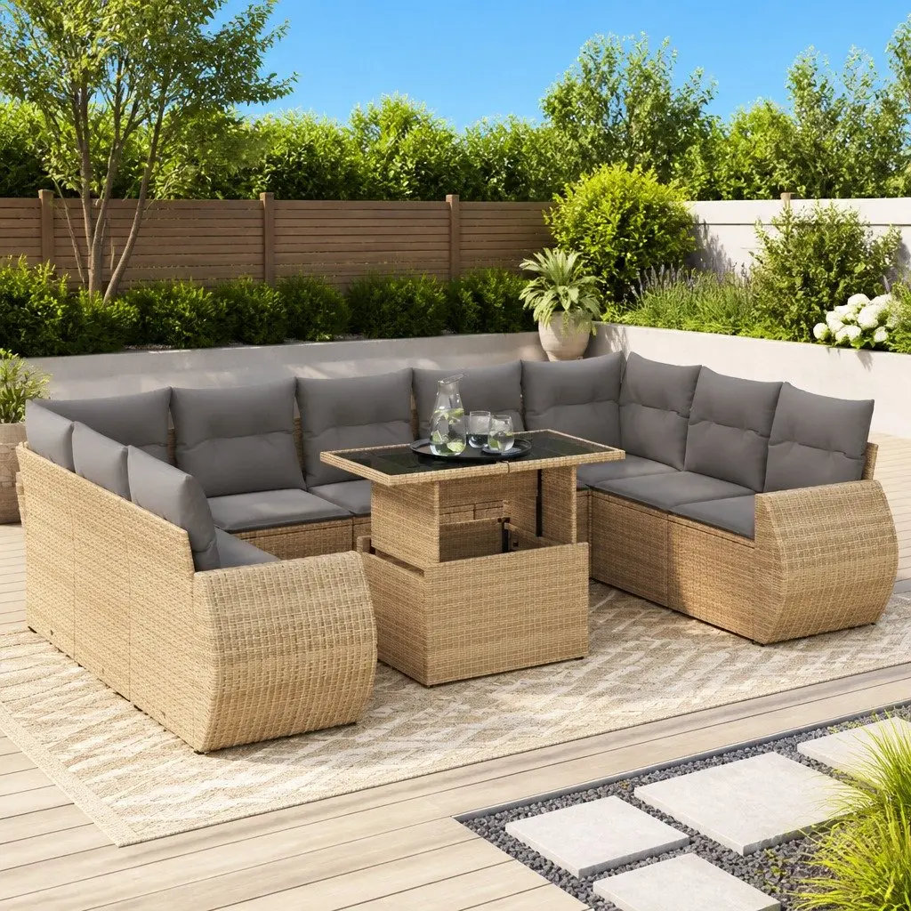 10 Piece Garden Sofa Set in Beige Poly Rattan
