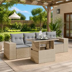 Durable 5-Piece Garden Sofa Set in Beige Poly Rattan
