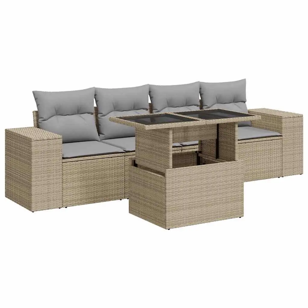 Garden Sofa Set PE Rattan 5 Piece Outdoor Furniture Patio Beige with Cushions