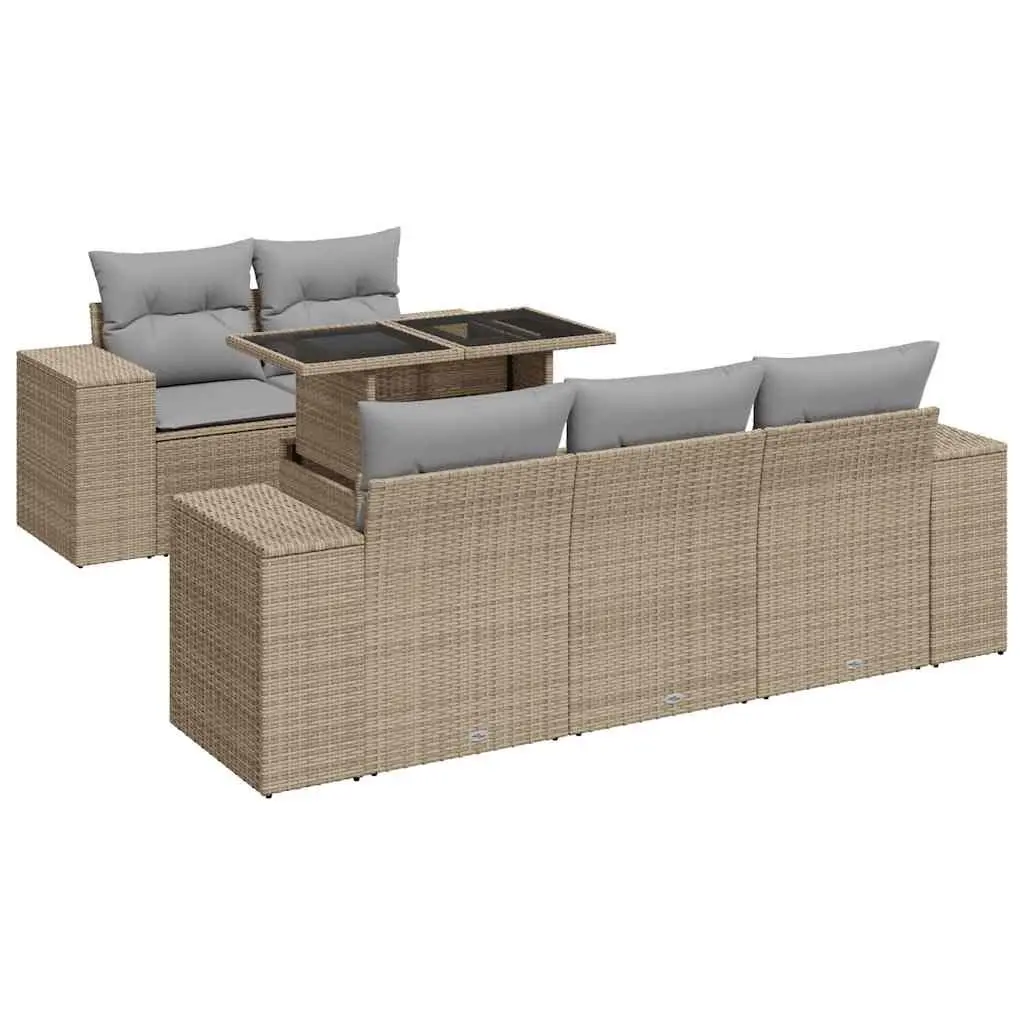 Garden Sofa Set PE Rattan 6 Piece Outdoor Furniture Patio Lounge Beige