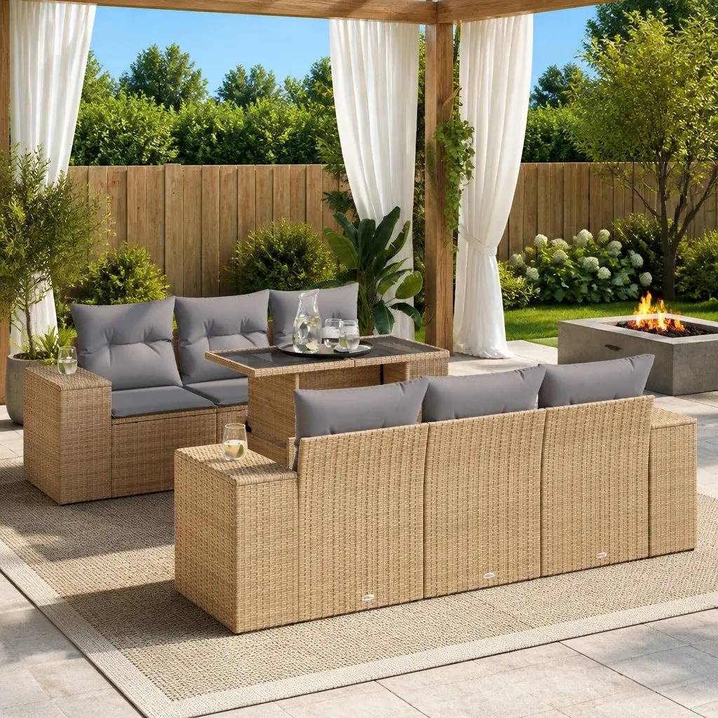 Beige 7-Piece Outdoor Garden Sofa Set with Storage