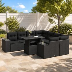 9 Piece Black Poly Rattan Garden Sofa Set for Outdoor Use
