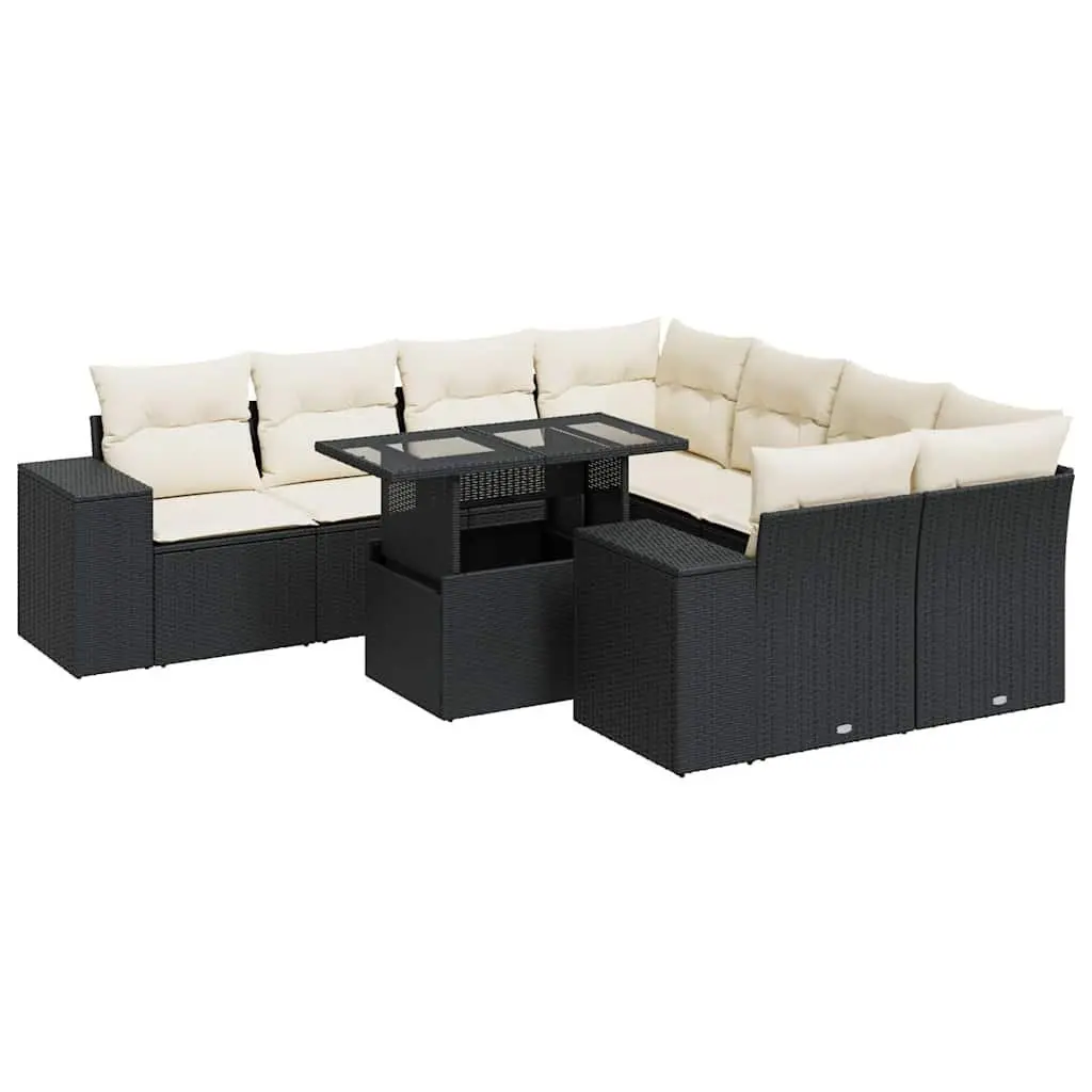 Garden Sofa Set PE Rattan 9 Piece Outdoor Furniture Modular with Cushions Black