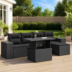Durable 6 Piece Black Poly Rattan Garden Sofa Set