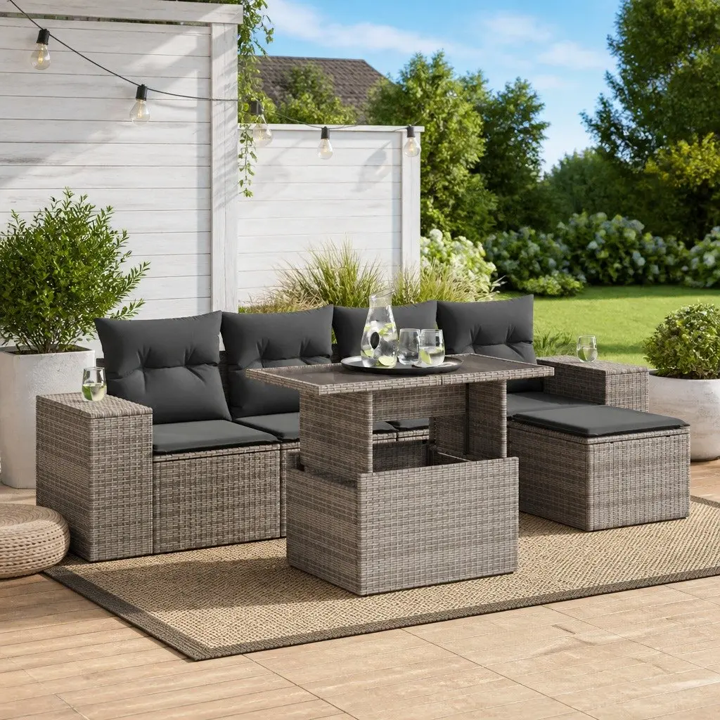 Garden Sofa Set PE Rattan 6 Piece Modular Outdoor Furniture Grey