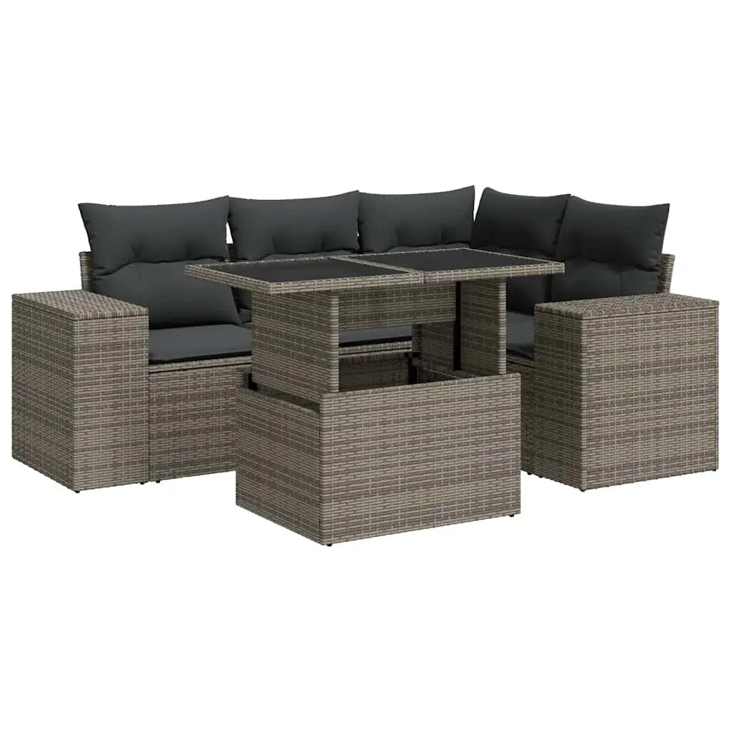 5-Piece Grey Poly Rattan Garden Sofa Set for Outdoor Comfort