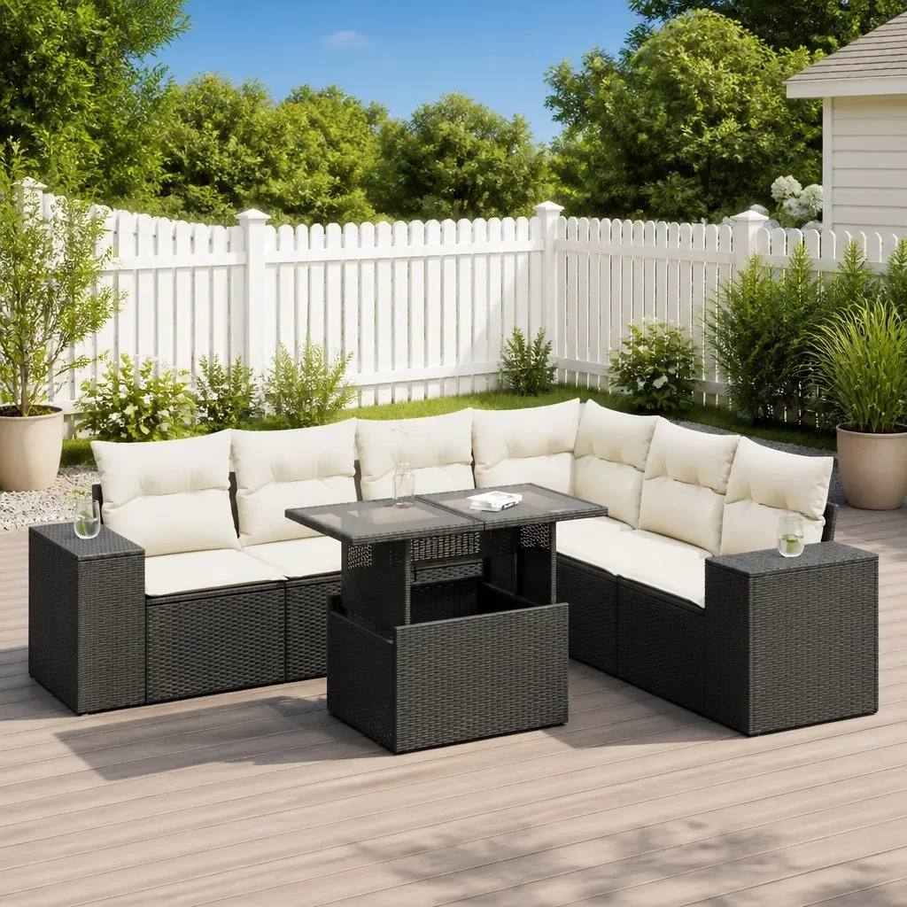 7 Piece Garden Sofa Set PE Rattan Modular Outdoor Furniture Black with Cushions