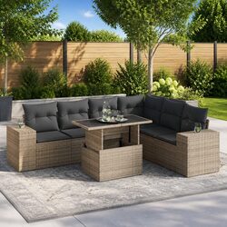 7-Piece Grey Poly Rattan Garden Sofa Set with Storage