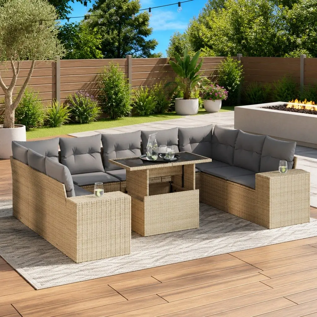 Garden Sofa Set PE Rattan 10 Piece Outdoor Furniture Patio Beige Modular