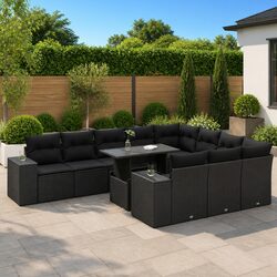 Modular 11-Piece Black Poly Rattan Garden Sofa Set