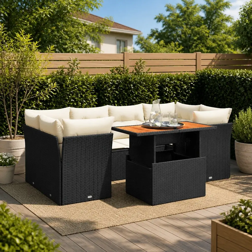 Modular 7-Piece Black Poly Rattan Garden Sofa Set