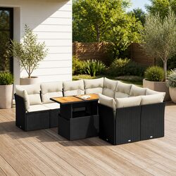 9-Piece Black Rattan Garden Sofa Set with Cushions