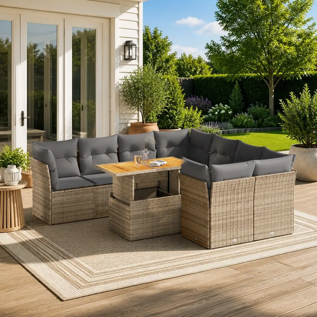 Beige Poly Rattan 9 Piece Garden Sofa Set with Cushions