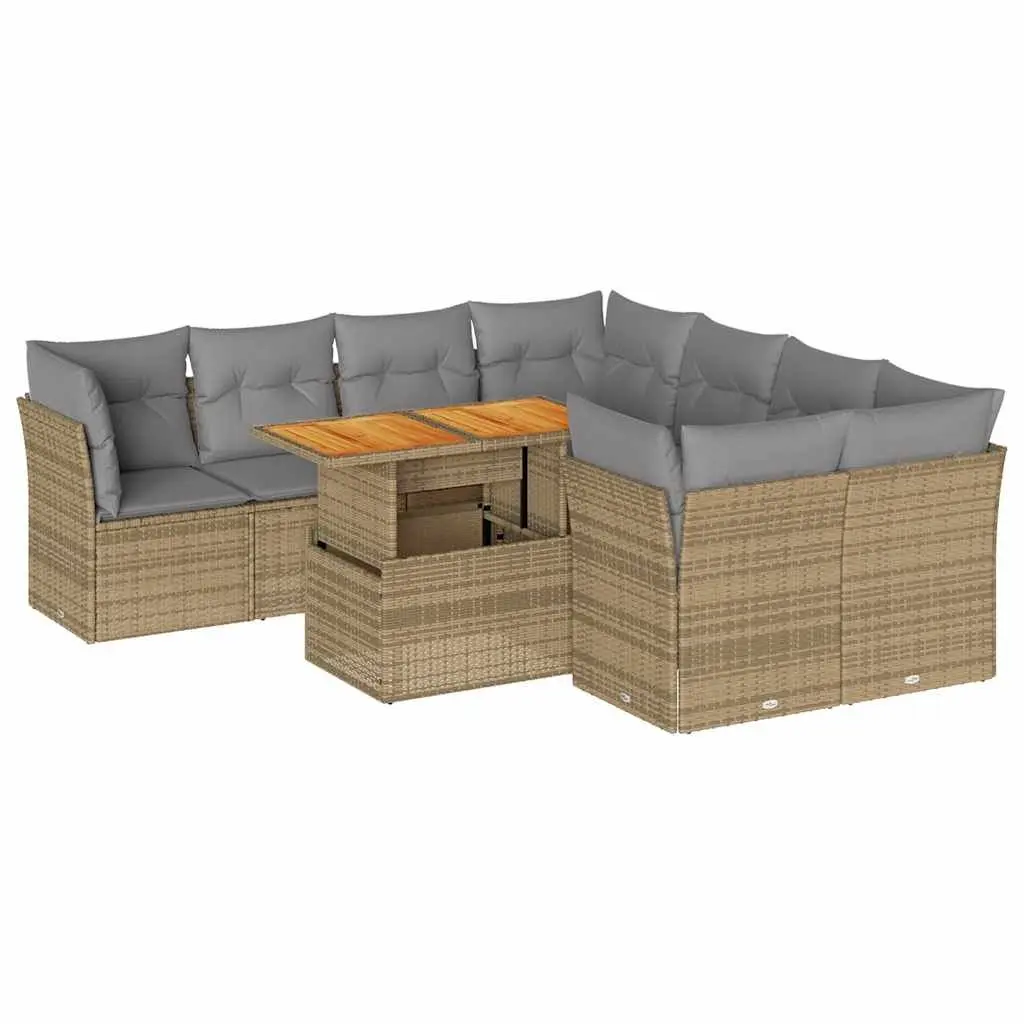 Beige Poly Rattan 9 Piece Garden Sofa Set with Cushions