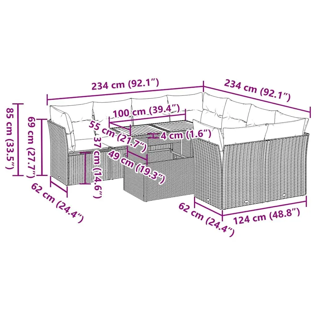 Beige Poly Rattan 9 Piece Garden Sofa Set with Cushions