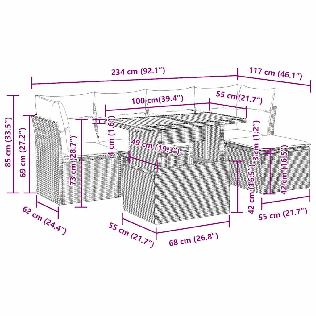 Modular 6-Piece Black Poly Rattan Garden Sofa Set