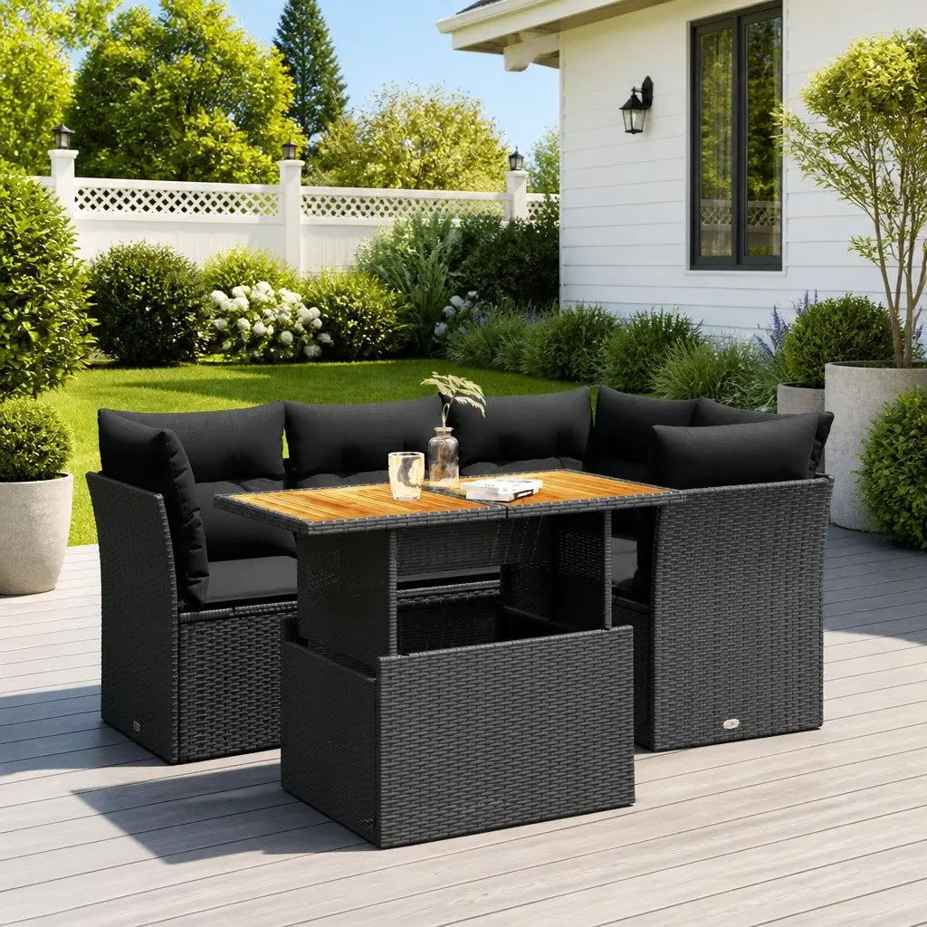 Garden Sofa Set PE Rattan 5 Piece Outdoor Furniture Black with Cushions