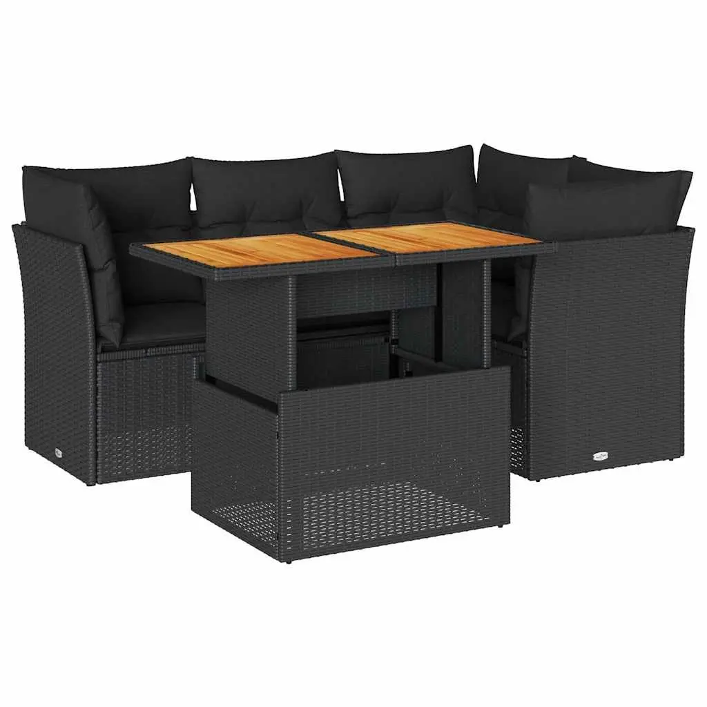 Garden Sofa Set PE Rattan 5 Piece Outdoor Furniture Black with Cushions