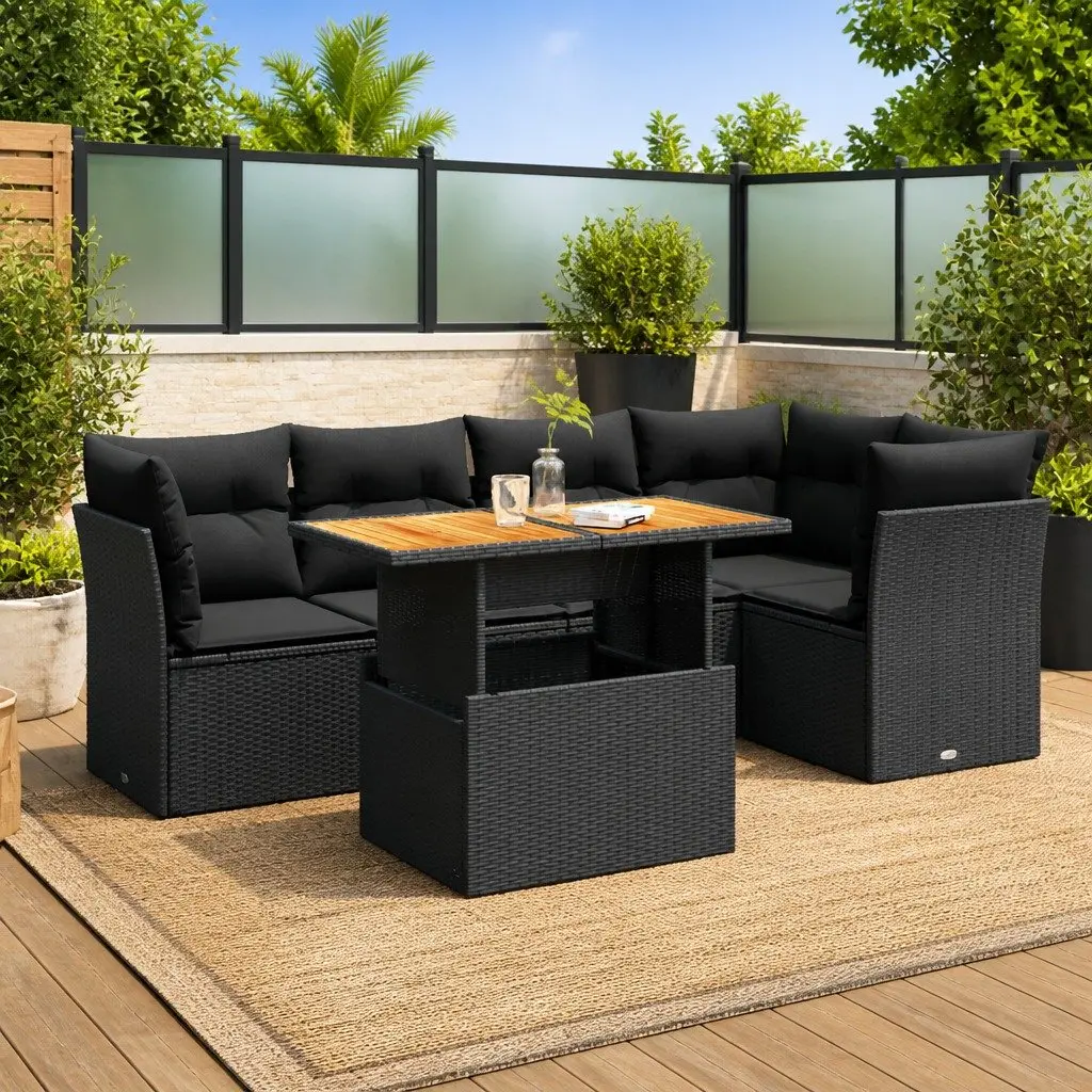 Garden Sofa Set PE Rattan 6 Piece Outdoor Furniture Black Modular Patio Seating