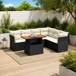Premium 7 Piece Black Garden Sofa Set with Cushions